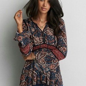 American Eagle Paisley Velvet Trim Blouse L BOHO
